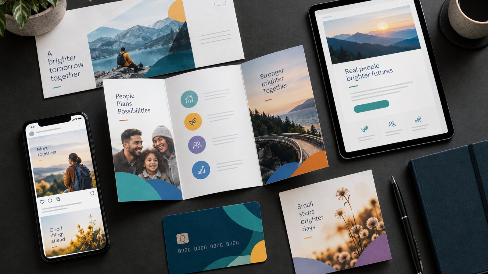 A coordinated financial marketing campaign presented across print, mobile, tablet, and card materials