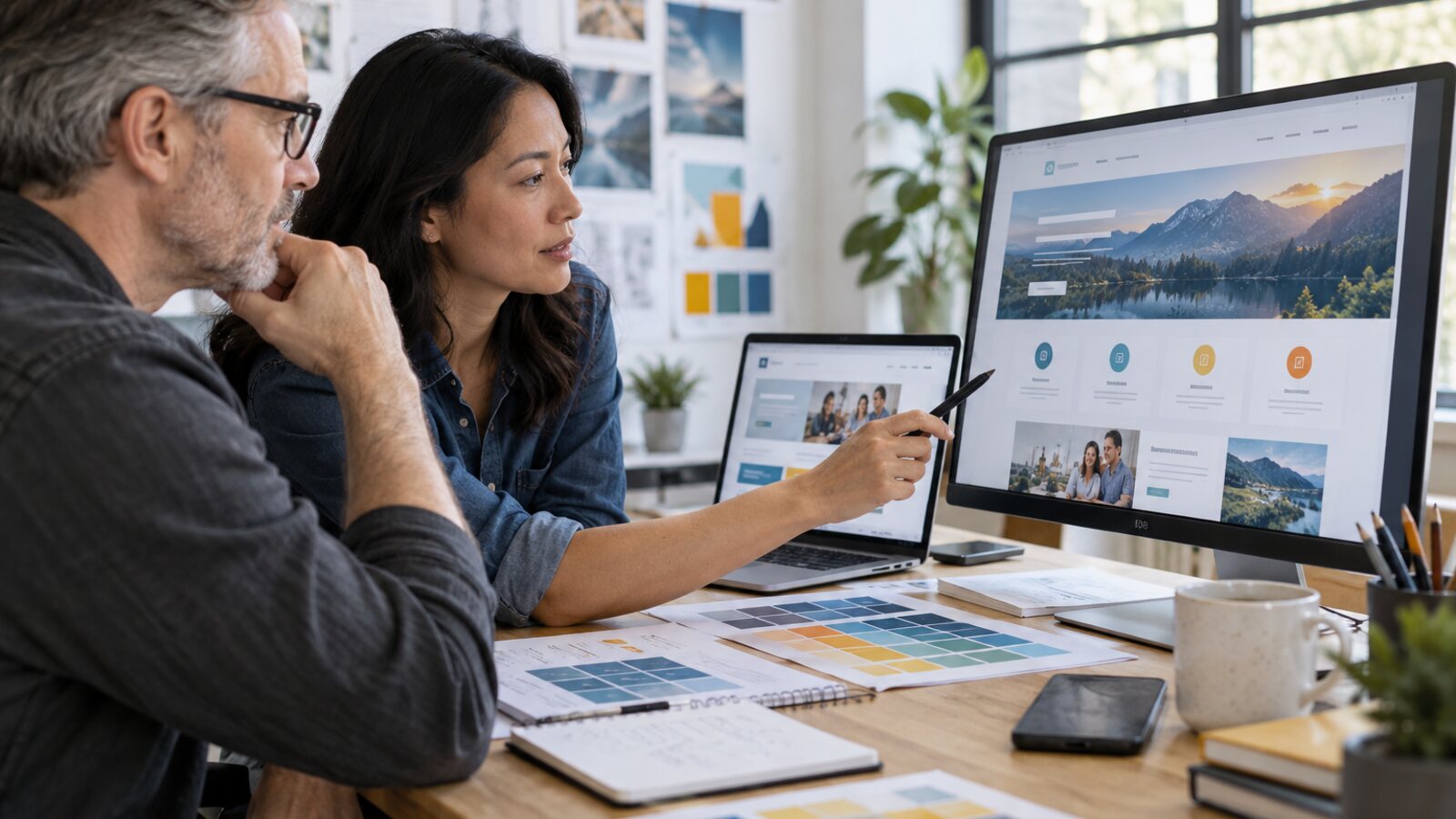 Design professionals reviewing a credit union website across desktop and laptop screens